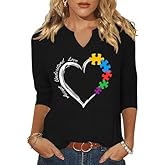 3/4 Sleeve V Neck Shirts for Women Autism Awareness Accept Understand Love Graphic Shirts Be Kind Tops Blouse
