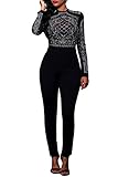 Pink Queen Women's Long Sleeve Sheer Rhinestone Bodycon Clubwear Jumpsuit Romper