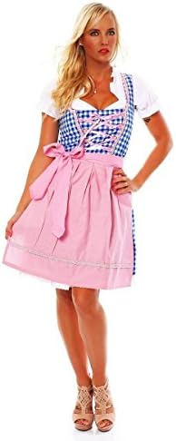 10591 Dirndl Bavarian Women Dress 3 Pcs. Traditional Dress Mini Blouse Apron costume German Oktoberfest (8, pink-blue)