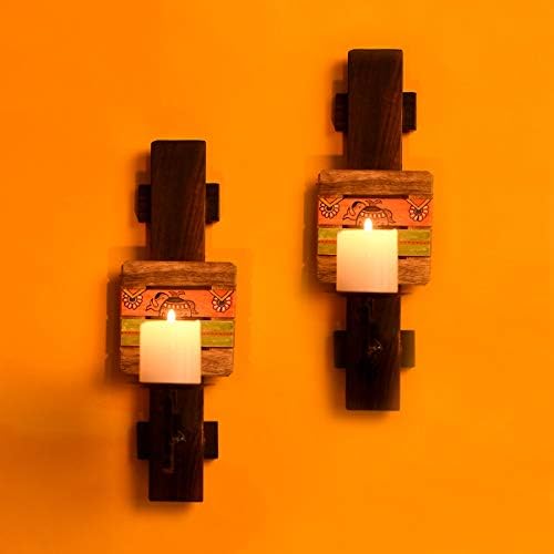 AAKRITI ART CREATIONS Wood Hand Painted Wall Candle Stand, Pack of 2