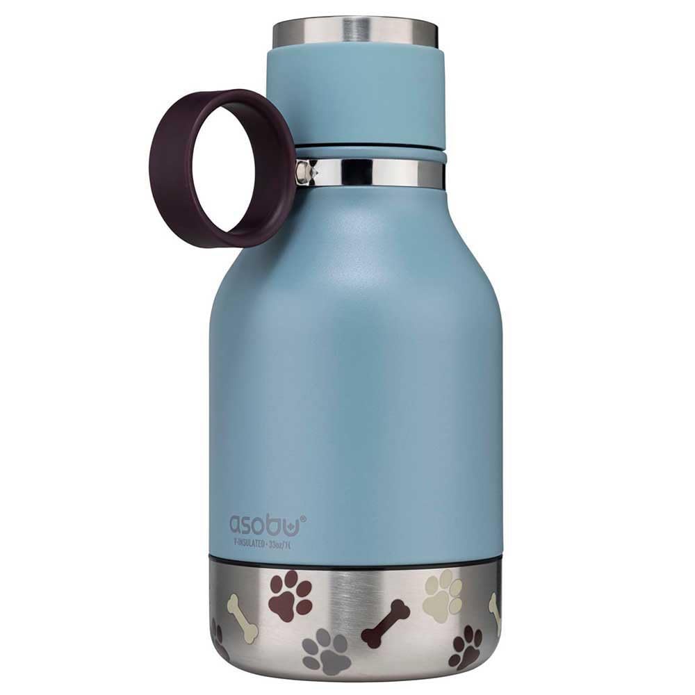 Asobu Dog Water Bottle with Built-In Bowl – Blue – Stainless Steel Insulated Travel Bottle – 1 L