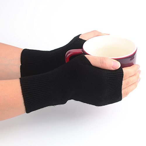 Flammi Women's Cashmere Knit Half Fingerless Gloves Mittens Warm Thumb Hole Gloves (Black)