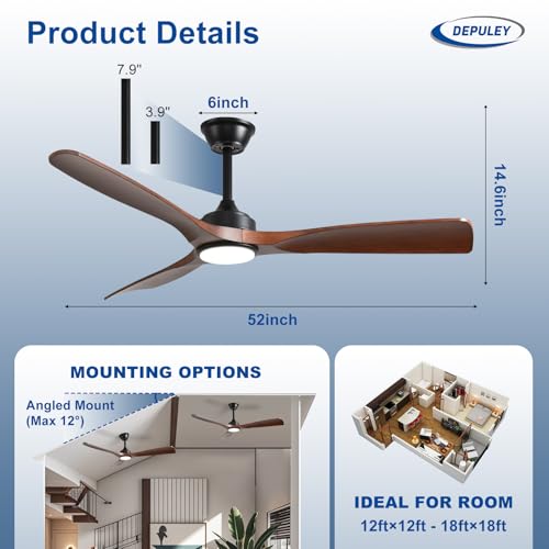 Depuley Ceiling Fan with Modern Light: 52 Inch Outdoor Fan with APP Remote for Patio - Walnut 3 Blade Fan Indoor