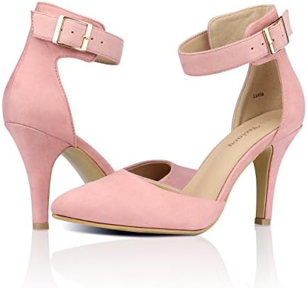 Yeviavy Women's High Heel Pumps Stiletto Pointy Toed D'Orsay Dress Buckle Closure Ankle Strap Shoes Blush Suede 8