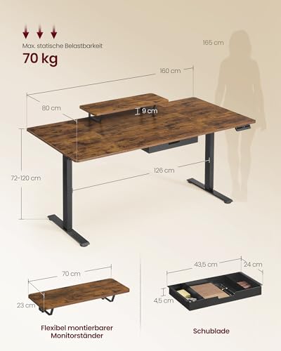 VASAGLE Höhenverstellbarer Schreibtisch, 160 x 80 cm, flexibel montierbarer Monitorständer, Schublade, USB-C-Anschluss, Erinnerung bei langem Sitzen, für Büro, vintagebraun LSD156KD01 thumbnail 3