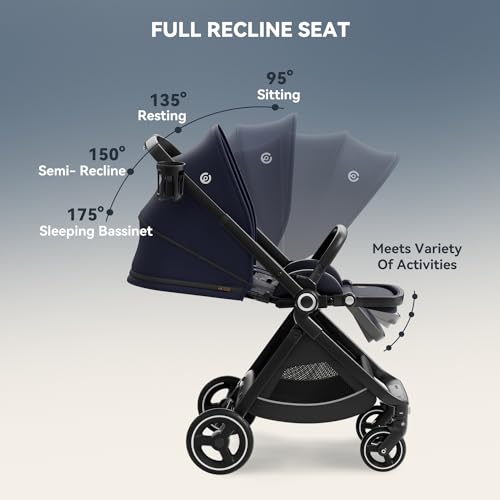 Reversible Baby Stroller, ELITTLE EMU Full-Size Toddler Stroller, Full Recline Cockpit Compact stroller, 0-36 Months Newborn Infant Stroller, All-Terrain stroller for City, Outdoor, Travel (Dark Blue)