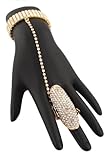 Gold Fully Iced Out Oval Style Adjustable Finger Ring and Slave Hand Chain Bracelet
