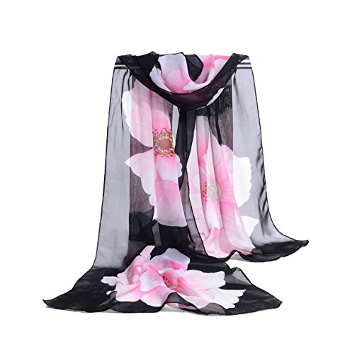 E-Clover Women Soft Floral Print Shawl Chiffon Sheer Scarf (Black&Pink)