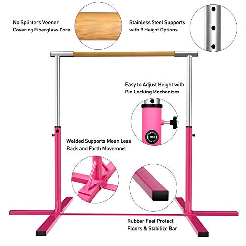 ALBAD Gymnastics Horizontal Bars - Expandable Gym Kip Bar for Junior Training Bar Adjustable Home Folding Gymnastic Equipment for Kids (Cylinder-Pink)