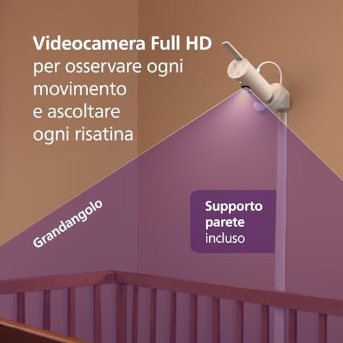 PHILIPS Baby Monitor Premium Connected Avent con app - videocamera HD 1080p, monitora sonno e respirazione con IA, traduzione pianto, certificato DEKRA per sicurezza, supporto da parete, SCD974/26