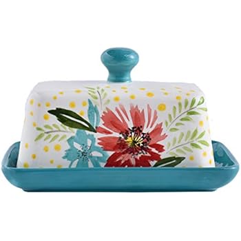 Ceramic Butter Dish with Lid, Wisenvoy Hand Painted Flower Design Butter Keeper with Handle For Kitchen Storage & Decor or Gift Idea, Jade Green