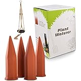 Terracotta Plant Watering Spikes 4 Pack Set, Self-Irrigation Watering Stakes for Flowers, Plants, Trees, Bushes, Shrubs and More - Plant Waterer - Garden Watering Spike, Includes Bonus Plant Hanger