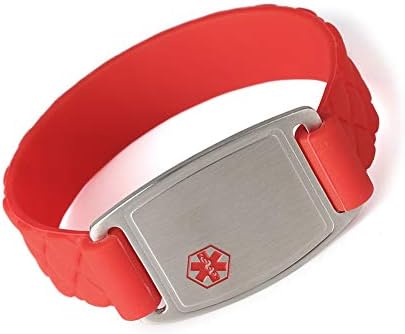 Medical Alert ID Bracelet Sports Red Silicone Band Stainless Steel Tag for Women Men Kids Free Engraving