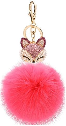 WongSinTong Novelty Pearl Fox Head with Rabbit Fur Ball Charm Key Chain for Car Key Ring or Bag (Watermelon Red)