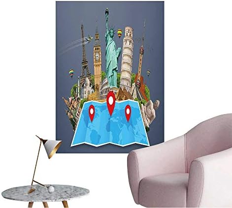 Wall Decals Famous Monuments of The World grouped Together on a map with pin icon Environmental Protection Vinyl,32"W x 56"L