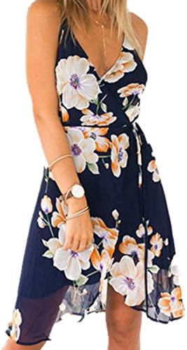 Tueenhuge Women's Chiffon Deep V Neck Floral Back Cross Tie Dress