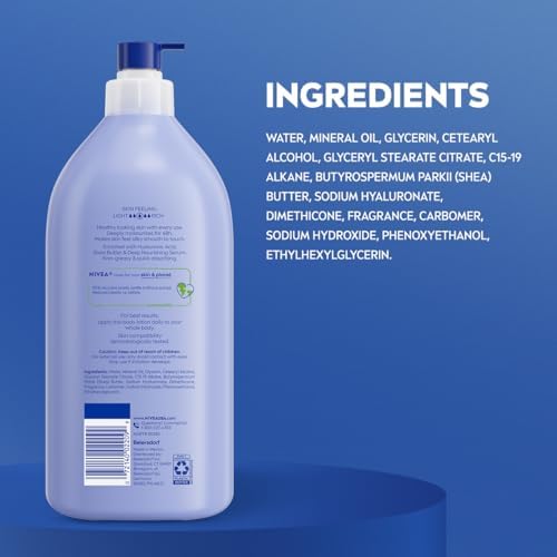 NIVEA SHEA NOURISH BODY LOTION FOR DRY SKIN WITH HYALURONIC ACID, SHEA BUTTER AND DEEP NOURISHING SERUM, 48-HOUR BODY MOISTURIZER, 33.8 FL OZ PUMP BOTTLE