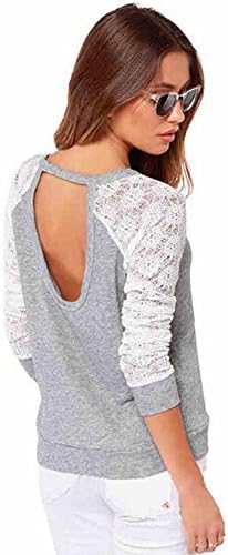 Women Backless Stitching Blouse Lace Embroidery Long Sleeve Blouse Top, Gray, Large