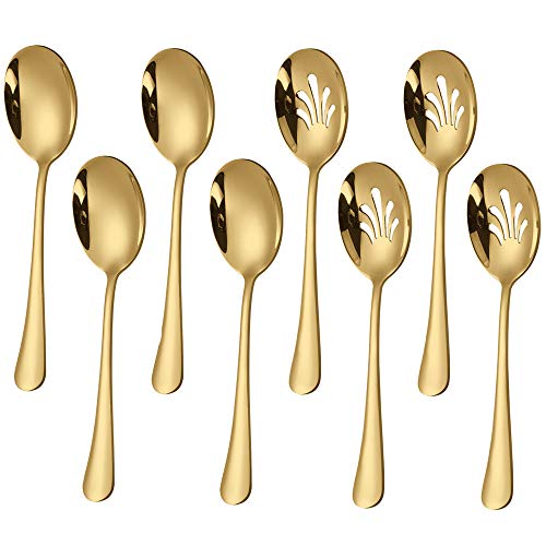 Gold Large Serving Spoons set Serving Spoons x 4, Slotted Spoons x 4, 9