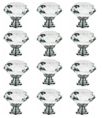 Taps2Traps Pack of 12 x Large Crystal Diamond Glass Door Knobs for Cupboard Drawer Furniture Handle Cabinet
