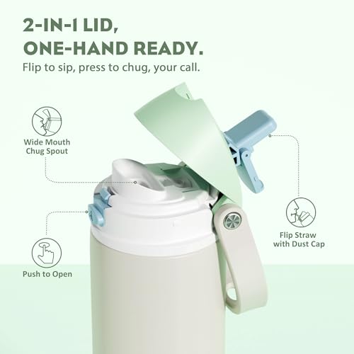 POWCAN 24 oz Steel Insulated Water Bottle: 2-in-1 Push-Button Spout & Flip Straw Lid, Leakproof, Cold 24 Hrs, Fits Car Cup Holder, Reusable Metal Sports Bottle for Travel, Gym, School (Icy Drift)