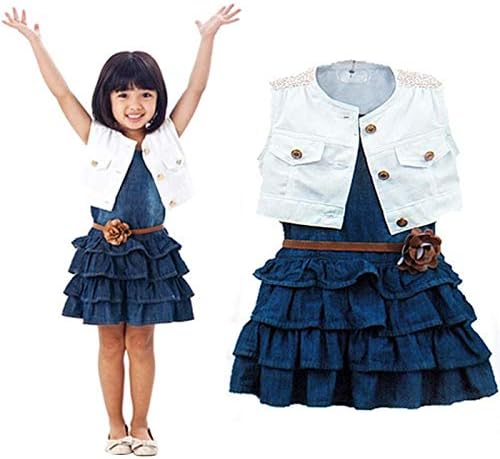 Lubity 3pcs Robe Ensemble Enfant Fille Bebe Chic Denim Plisse Robe A Volants Ceinture En Cuir Floral A La Mode Bouton De Mode Sans Manches Col Rond Veste Robes Vetements Eng Bouldermicrofinance Org