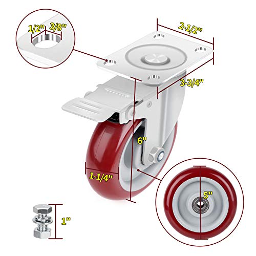 SPACECARE 4 Pack 5 Inch Swivel Red Casters 1420Lbs Heavy Duty Polyurethane Wheels with Brake Safety Dual Locking No Noise Wheels Lockable Anti-wear Smooth Casters