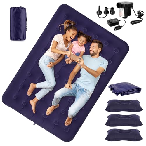 JZZB Colchon Inflables Matrimonial,79.92 * 59.84 * 9.84 Pulgadas Colchon Inflable Queen Size con 3 Almohadas y Bomba Dual Enchufe Auto Bolsa de Viaje,Cama de Aire para Viajes Camping Hogar (Azul)