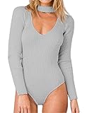 Allegrace Women Long Sleeve Sexy V Cut Stretch Bandage Leotard Bodysuit Jumpsuit S Gray