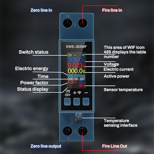 Electric Energy Meter Wifi 40A Single Phase AC 85-290V Voltage and Current Measurement with Over Temperature and Overcurrent Protection KWS-303WF