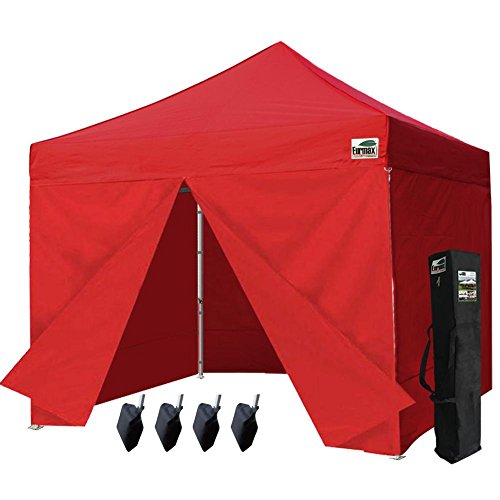 Eurmax 10 X 10 Ez Pop up Canopy Gazebo Commercial Tent with 4 Zippered Side Walls and Carry Bag, Red