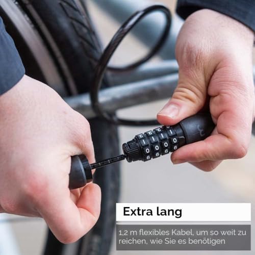 Cycling Zahlenschloss QuickCode Fahrradschloss für Rennrad MTB und Urban Cycling 4-Stellig Code Kombination Kabelschloss aus Gehärtetem Stahl 8mmx, Schwarz