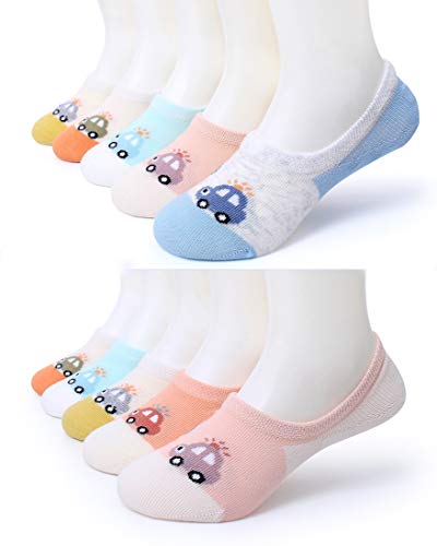 CHUNG Toddler Boys Girls Thin No Show Cotton Low Cut Multi Solid Color White Socks Summer 10 Pack 2-8Y Car, 4-6Y