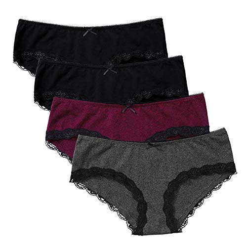 MS.ING 4Pcs Womens Underwear Hipster Panties Soft Cotton Lace Trim Briefs Bikinis (Black Wine Grey, Medium)