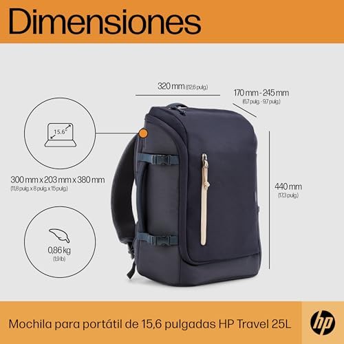 Travel Mochila para Portatiles de hasta 15,6" (Capacidad 25L, Ampliable hasta 30 L, Impermeable, Ergonómica, Bolsillo con Bloqueo RFID, Cremalleras con Cierre) Color Azul Oscuro