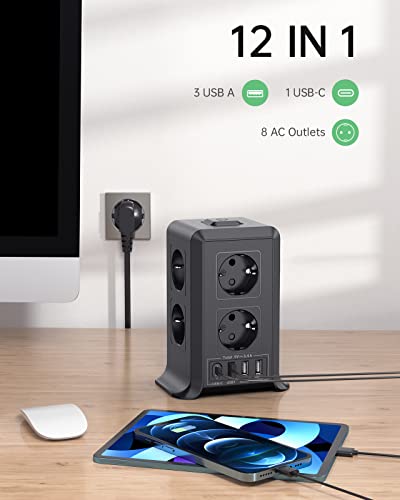 Sameriver 5M Tower Power Strips Sockets, USB Power Strip 8 AC Outlets and 4 USB Multiple Plug, 2500W/10A, Power Strip Sockets Surge Protection, Vertical Strips with Switch for Table, Home, Black