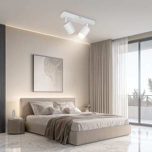 TaFiCo LED Ceiling Spotlight with 2 Lights – Ceiling Light GU10 White – LED Ceiling Light Modern Swivel Spotlight for Living Room Bedroom Kitchen – Without Bulb