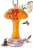 Grateful Gnome - Hummingbird Feeder - Hand Blown Glass - Red and Orange Mushroom - 32 Fluid Ounces