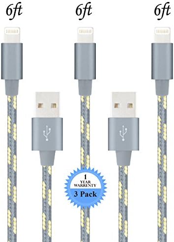LOVRI 3Pack 6FT Nylon Braided Tangle Free Lightning Charging Cable Cord with Aluminum Heads for iPhone7/7 Plus/ 6/6s/6 Plus/6s Plus/5/5c/5s/SE, iPad Mini Air iPod Nano Touch (gold &amp; gray)