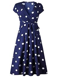 Vestido de manga corta con cuello en V, estilo vintage, con lunares, con cinturón, para mujer