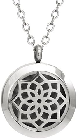 Aromatherapy Essential Oil Diffuser Necklace ~ Elegant Gift Box - Hypoallergenic Stainless Steel Locket with 24" Chain &amp; 3 Highly Absorbent, Washable Refill Pads By Alaia Essentials (Lotus Mandala)