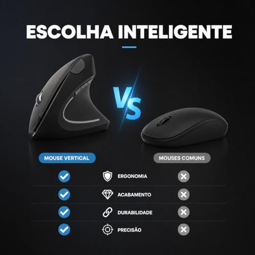 Mouse Ergonômico Sem Fio Vertical Recarregável Silencioso RGB - Reduz Dor no Pulso e Fadiga – Compatível com Windows, Mac, Notebook, PC – Preto, Design Ortopédico DPI Ajustável