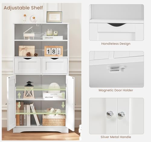 Bathroom Cabinet with 2 Drawers & 3 Adjustable Shelves, Bathroom Storage Cabinet, Cupboard for Living Room, Dining Room, Entryway, White
