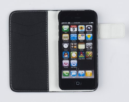 Black / White Premium PU Leather Wallet Case for Apple iPhone 5S / 5 (AT&T, Verizon, Sprint, International) - [Retail Packaging by DandyCase]