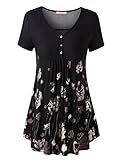 WAJAT Women's Short Sleeve V Neck Front Pleated Flared Comfy Loose Tunic Top Black Floral XL