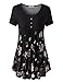 WAJAT Women's Short Sleeve V Neck Front Pleated Flared Comfy Loose Tunic Top Black Floral XL