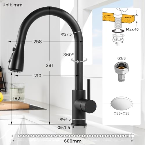 CECIPA Black Kitchen Tap with 2 Types of Modes, Black Kitchen Mixer with Pull-Out Shower 40 cm, Single Lever Mixer Tap in Stainless Steel
