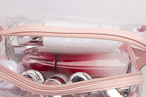 Heavy Duty Clear Toiletry Makeup Bags Transparent Shaving Bag Water Resistant Cosmetic Bag Organizer Pouch for Travel with Zipper and Handle (2 PCS PINK With Net Pocket)