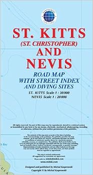 St. Kitts (St. Christopher) and Nevis Road Map with Street Index and Diving Sites, by Michal Kasprowski