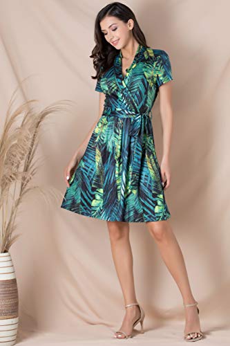 Fresca Women\'s Casual V Neck Belted Short Sleeve Swing A Line Faux Wrap Dress Green Leaf Small